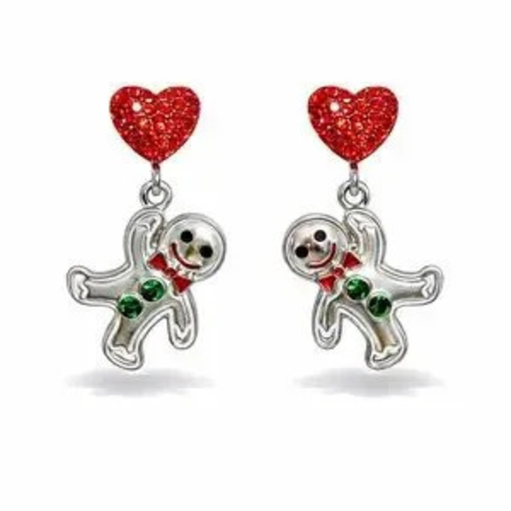 Silver Gingerbread Man Earrings with Red Hearts